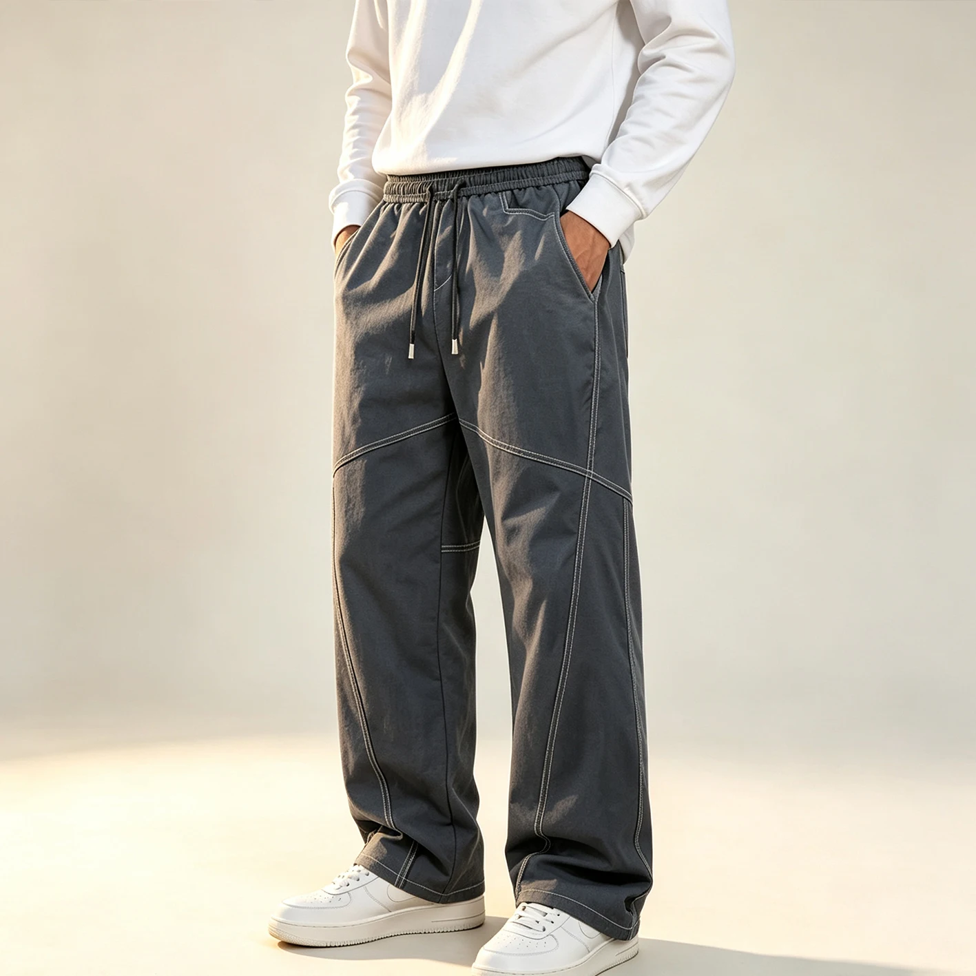 Men Autumn Loose Straight Leg Casual Pants, Elastic Drawstring Waist Contrast Stitch Outdoor Streetwear Trousers