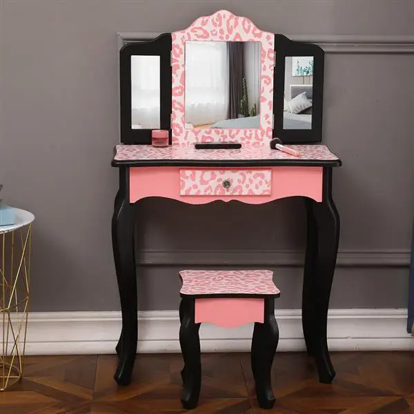 

Single Draw Children's Dressing Table Set Leopard Print Three Fold Mirror Red vanity dressers for bedroom vanity makeup desk dr