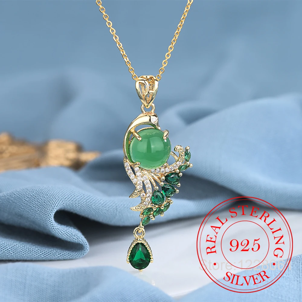 

925 Sterling Silver Jewelry Natural Green Jade Phoenix Necklace Pendant for Women Wedding Party Jewelry For Girls Friend Gift