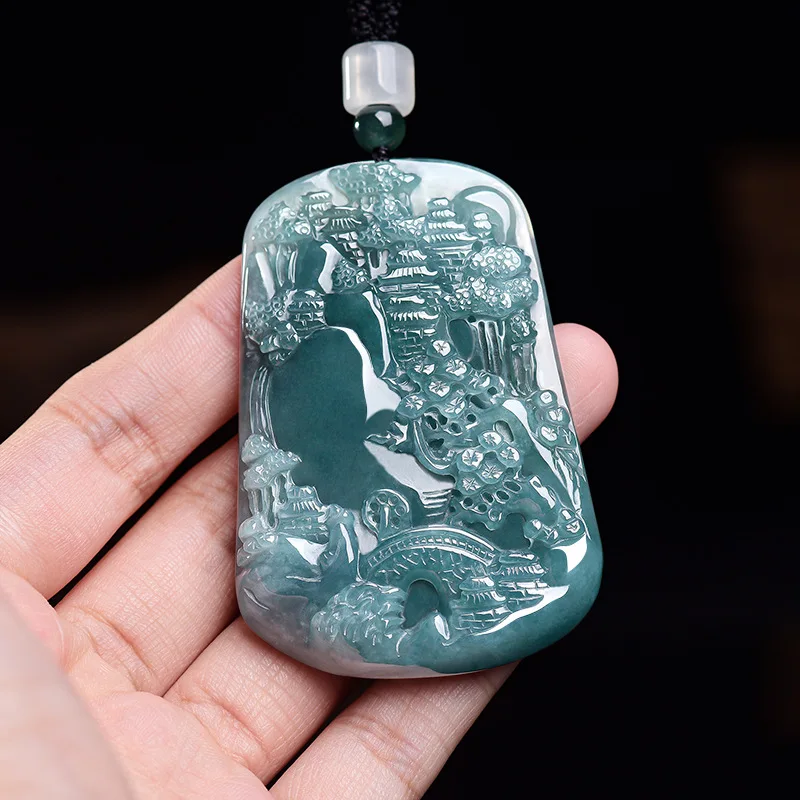 Collier pendentif paysage en jadéite birmane naturelle, talisman vintage sculpté, véritable jade, cadeaux de luxe pour femmes