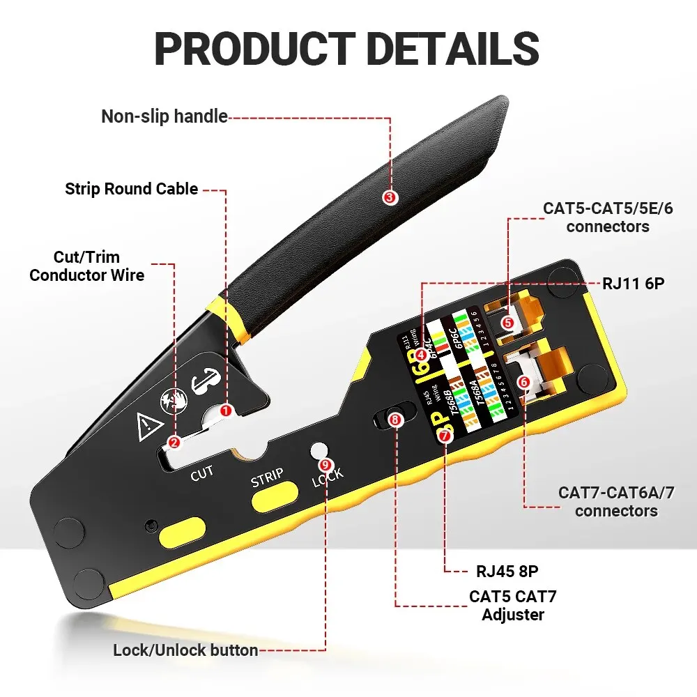 AMPCOM ez-type RJ45 kabel jaringan 3-in-1 Crimp/Cut/Strip Lan CAT8/7/6A/6/5E (STP/UTP) & RJ11/12 Tel kabel Modular (AM-6088)