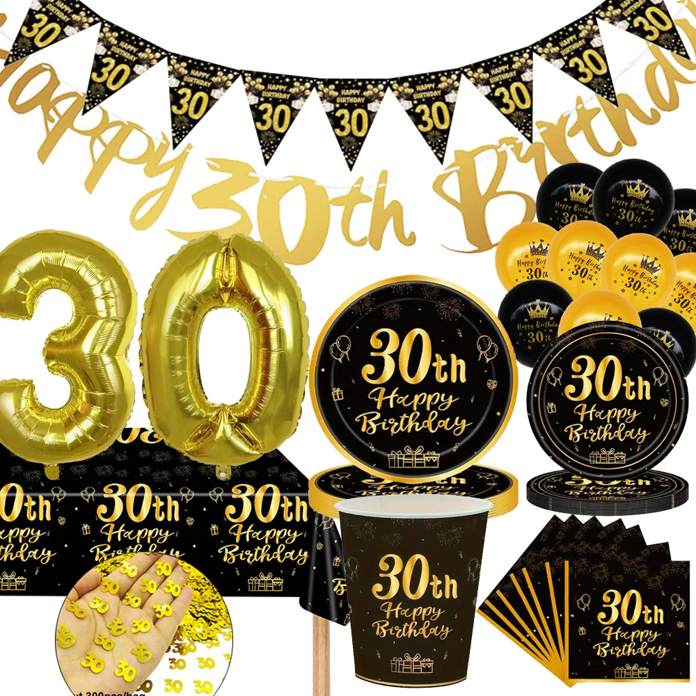 Happy Birthday 30 Year Old Disposable Tableware Black Gold Plate Tablecloth Banner For 30th Birthday Party Decorations  Supplies