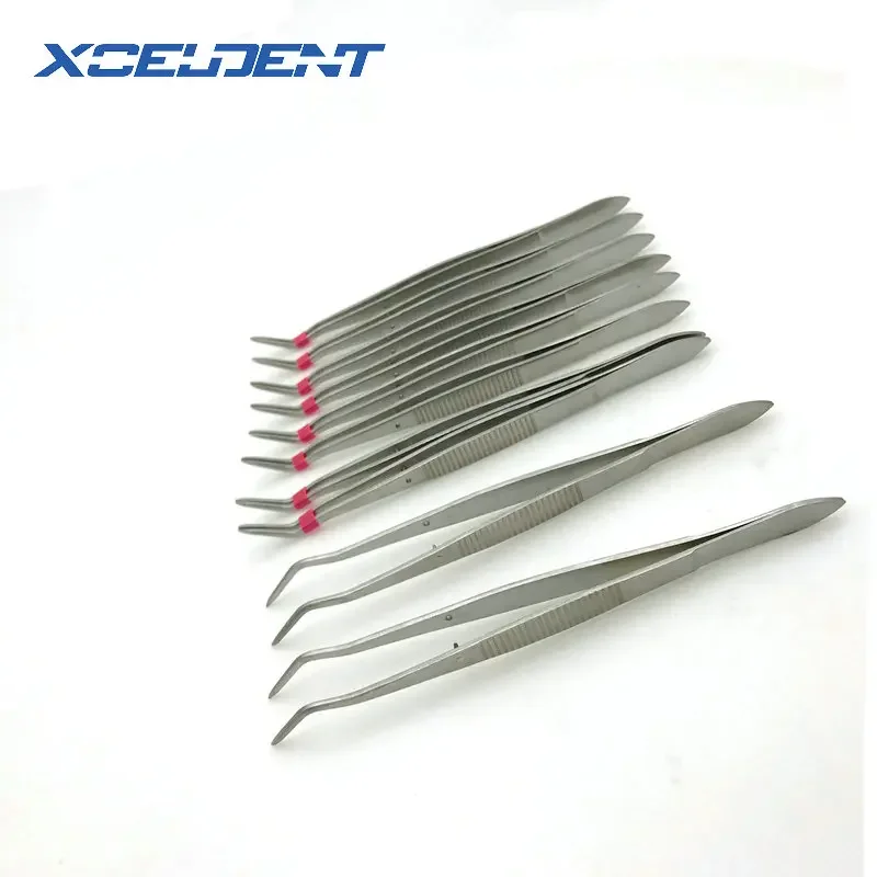 10pcs Stainless Steel Tweezers Serrated Curved Dental Surgical Instruments with location Dentist Tools