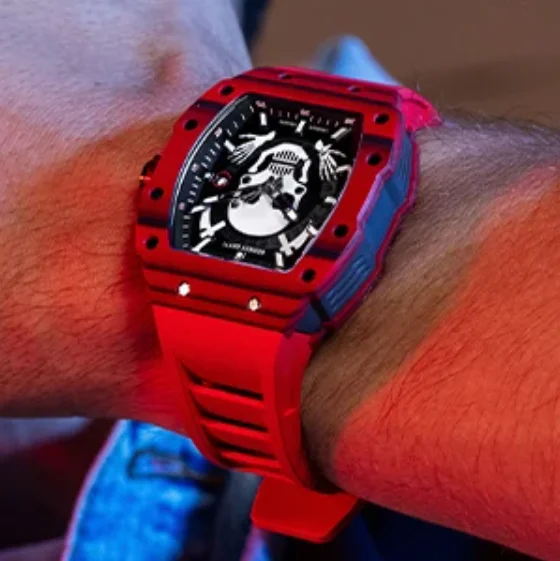 

BONEST GATTI Men Automatic Watch 44mm Tonneau Mechanical Wristwatch Carbon Fiber Case Waterproof Luminous Skull Dial FKM Strap