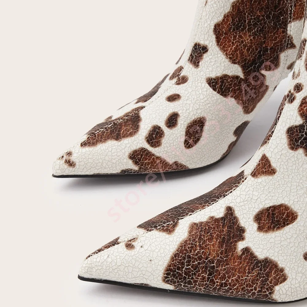 

Pointed-Toe Cow Print Zipper Boots Street Fashion Party Casual Boots 2026 Spring New Style Stiletto Sexy Women's Runway Boots