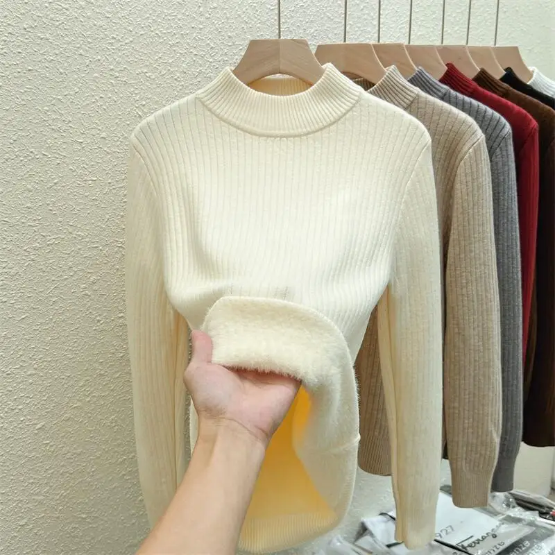 

GELITAYIN Half High Neck Base Sweater For Women Autumn And Winter Knitted Warm Plush Velvet Sweaters Women Fashion Casual Slim F