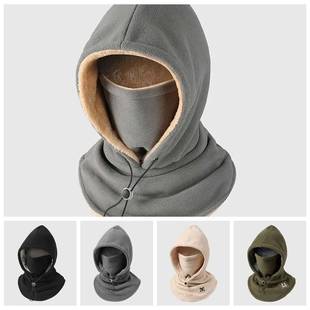 Fashion Thermal Fleece Balaclava Hat Drawstring Windproof Hooded Neck Neck Warmer Ear Protector Pullover Cap Autumn