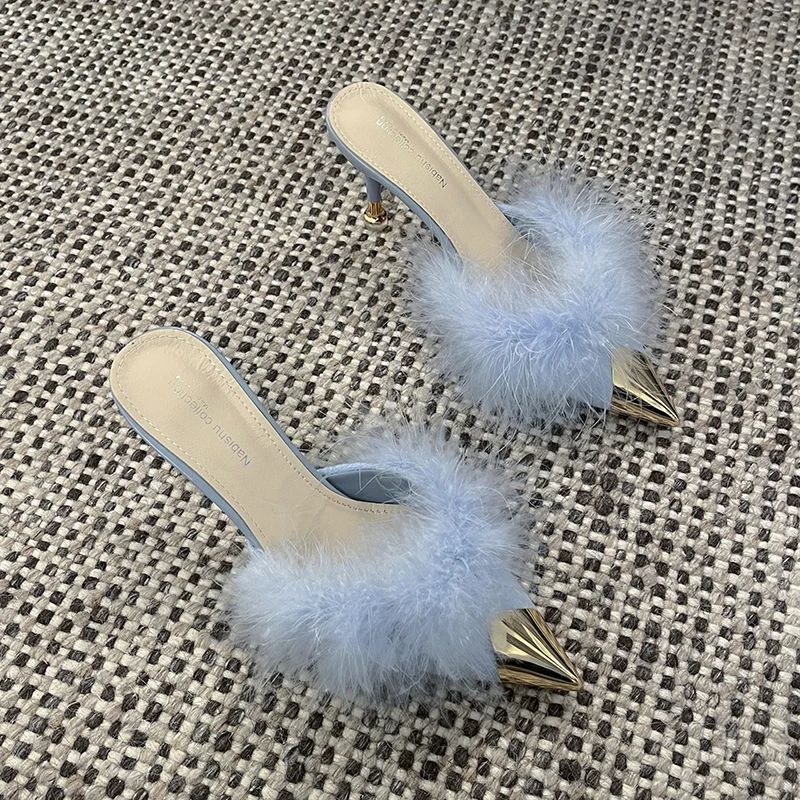 Metal Pointed Toe Stiletto Furry Slippers Female Fashion Slides Feather Half Slippers Sweet Temperament High Heels Small Size 33