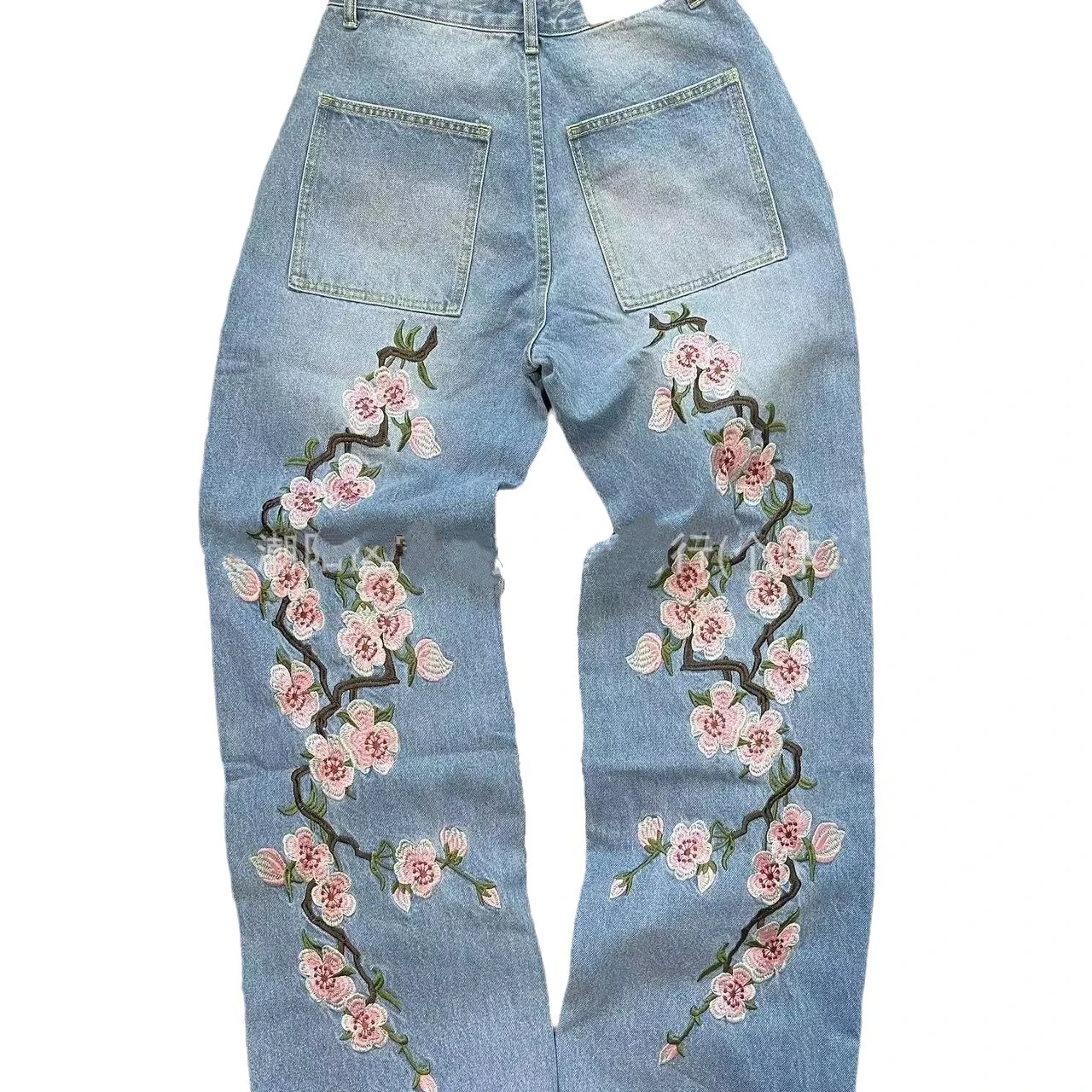 ฤดูร้อนอเมริกันวินเทจสีชมพูดอกไม้กางเกงยีนส์ขากว้างผู้หญิงสูงเอวล้างตรงกางเกงสบายๆหลวม Hip Hop แฟชั่น