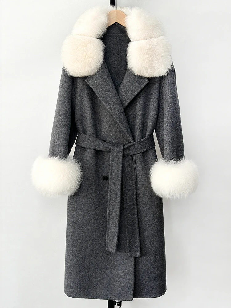 جديد الخريف الشتاء سيدة الموضة الدافئة الصلبة طويلة الصوف الحقيقي الفراء سترة الإناث الطبيعية الثعلب الفراء الكفة معطف الصوف الملابس السوداء