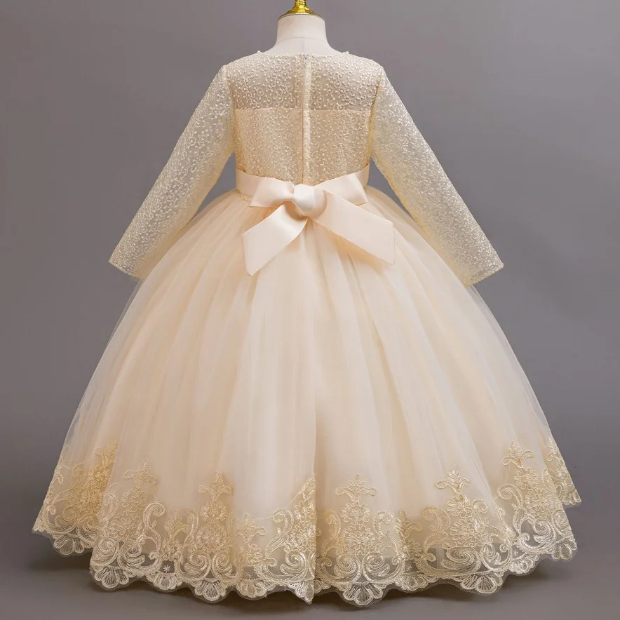 Girls lace long-sleeved princess dress 4-12 years old fashionable bow tutu skirt birthday party host stage catwalk evening dress image 5