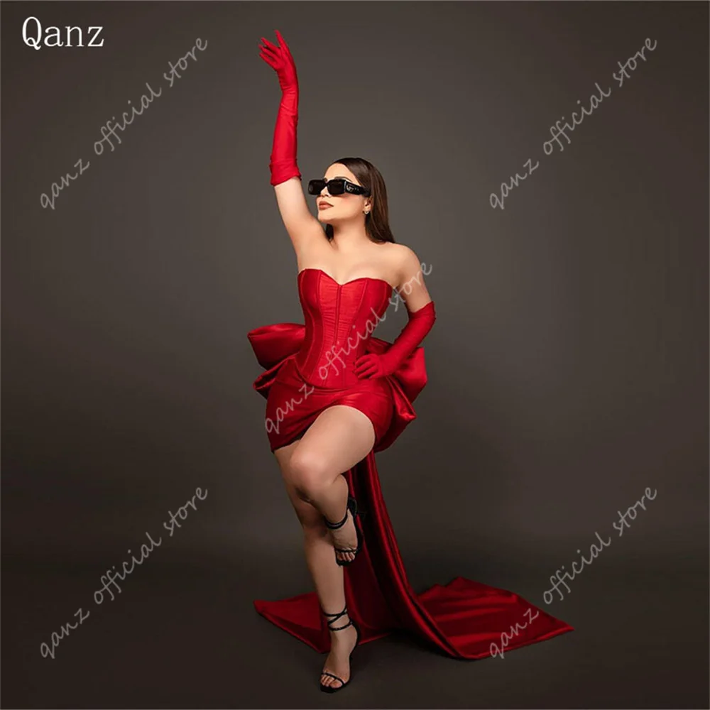 Qanz Red Sweetheart Birthday Outfits Women Satin Short Cocktail Dresses Customized Lace Up Back Bow Mezuniyet Balo Elbiseleri