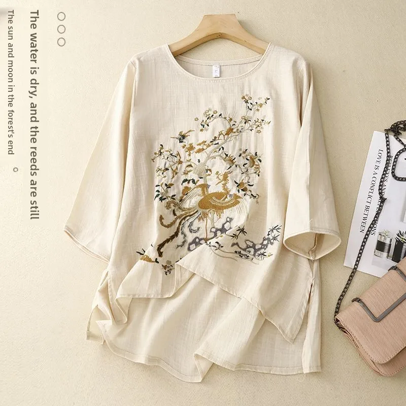 

Spring Summer Women's Large Size Linen Cotton Short Sleeve T-Shirt Embroidered Heavy Work Base Shirt Artistic Commute Style