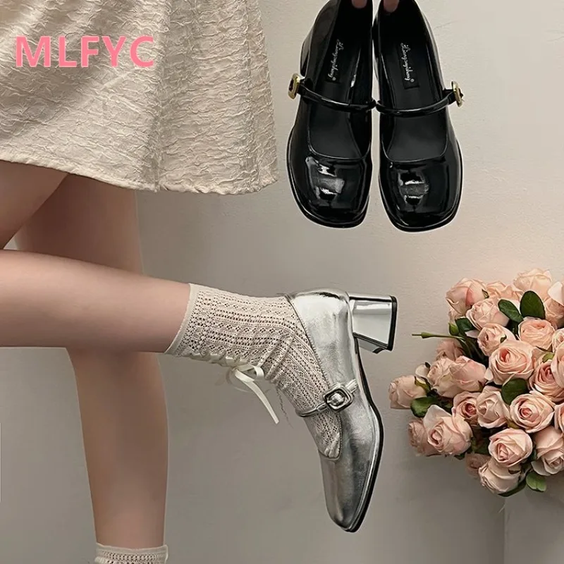 Silver Thick Heel Shoes 2024 Spring New Mid Heel Waterproof Platform Shoe Women Comfortable Simple Shoe chaussure femme