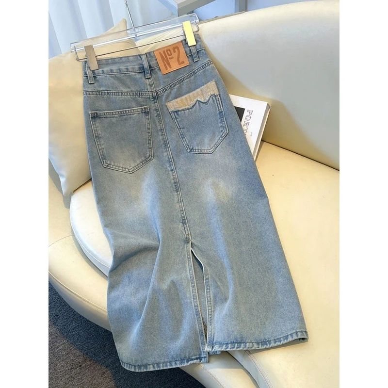 

Light-colored denim skirt women's 2025 new spring and summer medium and long high-waisted and thin split-ended hip-wrapped skirt