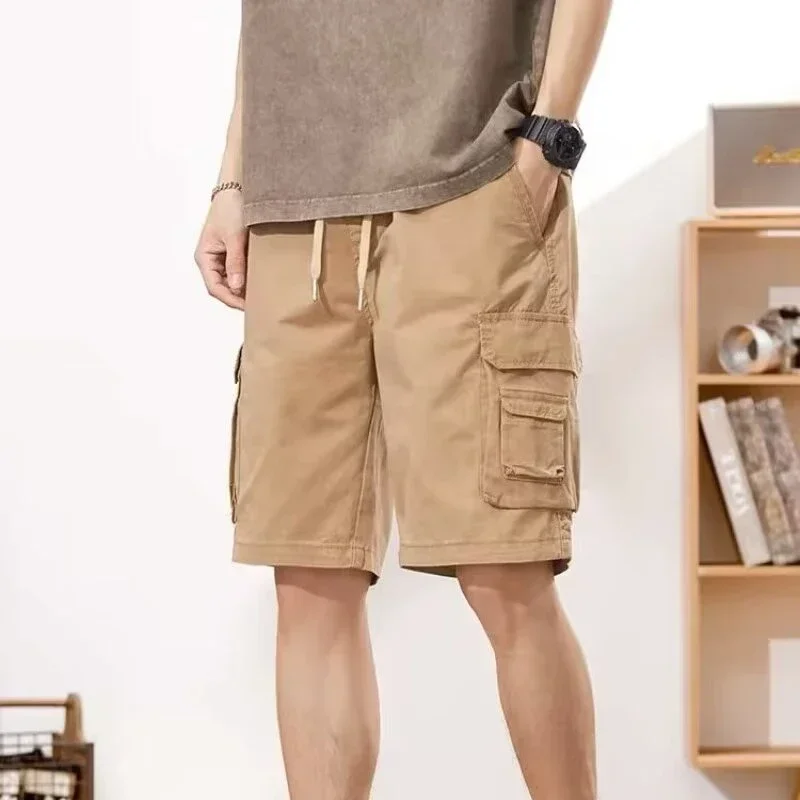 

Men Khaki Workwear Multiple Pockets Knee Length Trousers Streetwear Comfortable Cargo Shorts 2025 Summer Loose Men Casual Shorts
