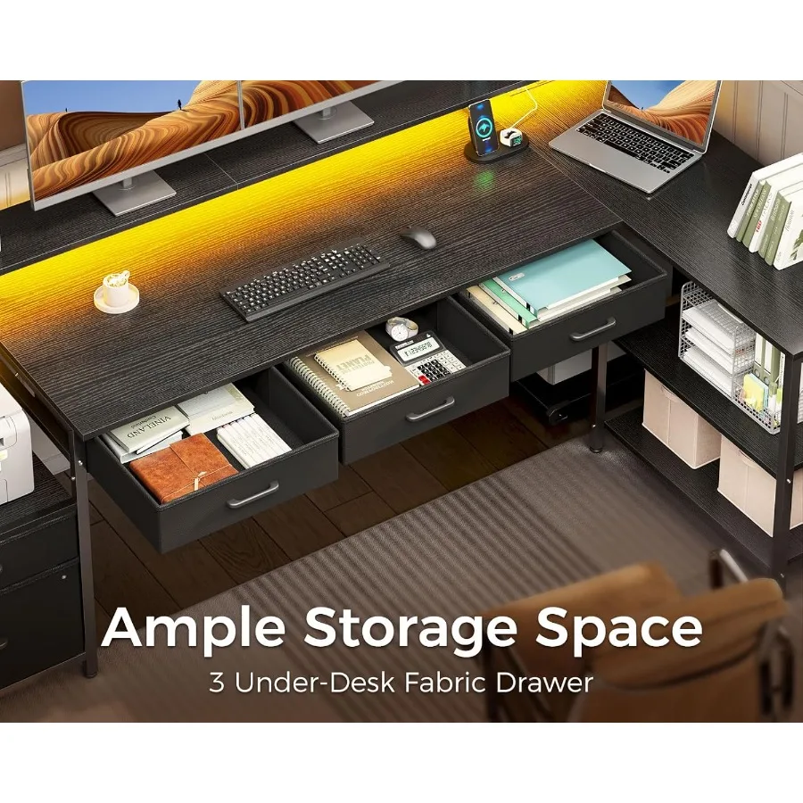 L Shaped Desk with 5 File Drawers 75 Reversible L Shaped Computer Desk with Power Outlet LED Strip Office Desk with Storage She