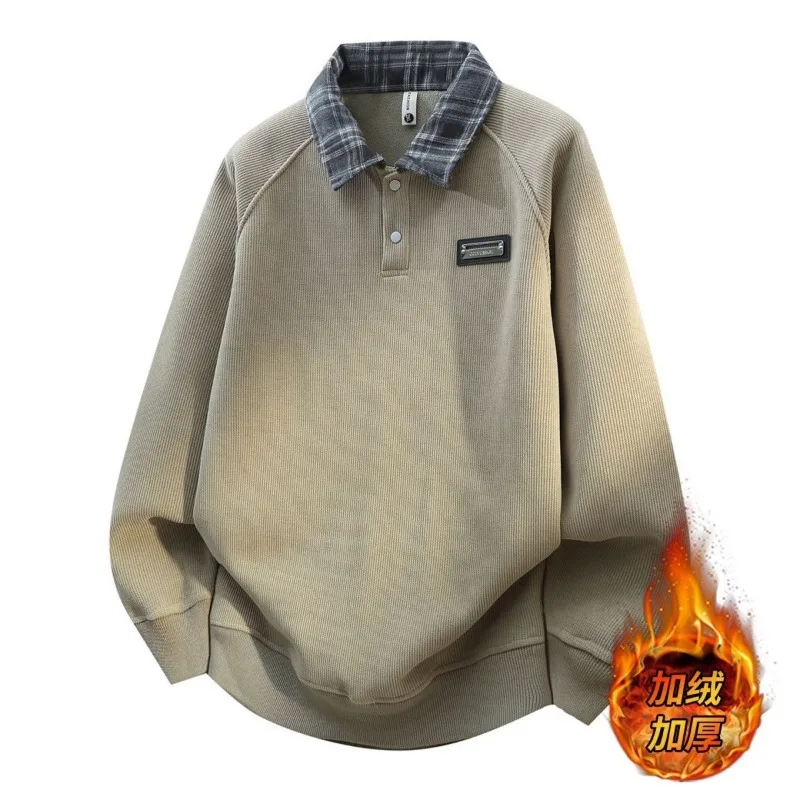 Men Fleece Lined Collar Polo Shirt Patch Label Raglan Sleeve Warm Thick Pullover Top Autumn Winter