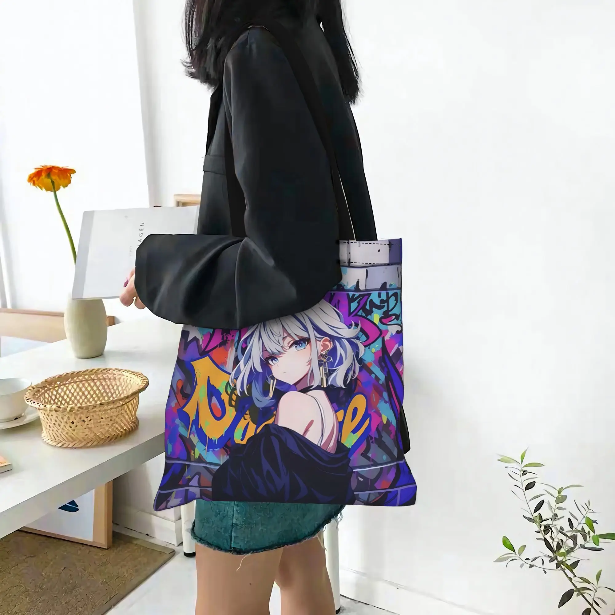 Bags For Woman Colorful Anime Girl Shopping Bag Its bags Reusable Double Sided Canvas Tote Bag Shoulder  Handbag