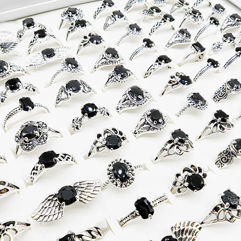 خواتم أكريليك سوداء مشتركة للنساء والفتيات ، طبق فضي عتيق ، مجوهرات أصابع ، حفلات ، مقاس مختلط ، أزياء ، بيع بالجملة ، جديد ، 20: الكثير #6