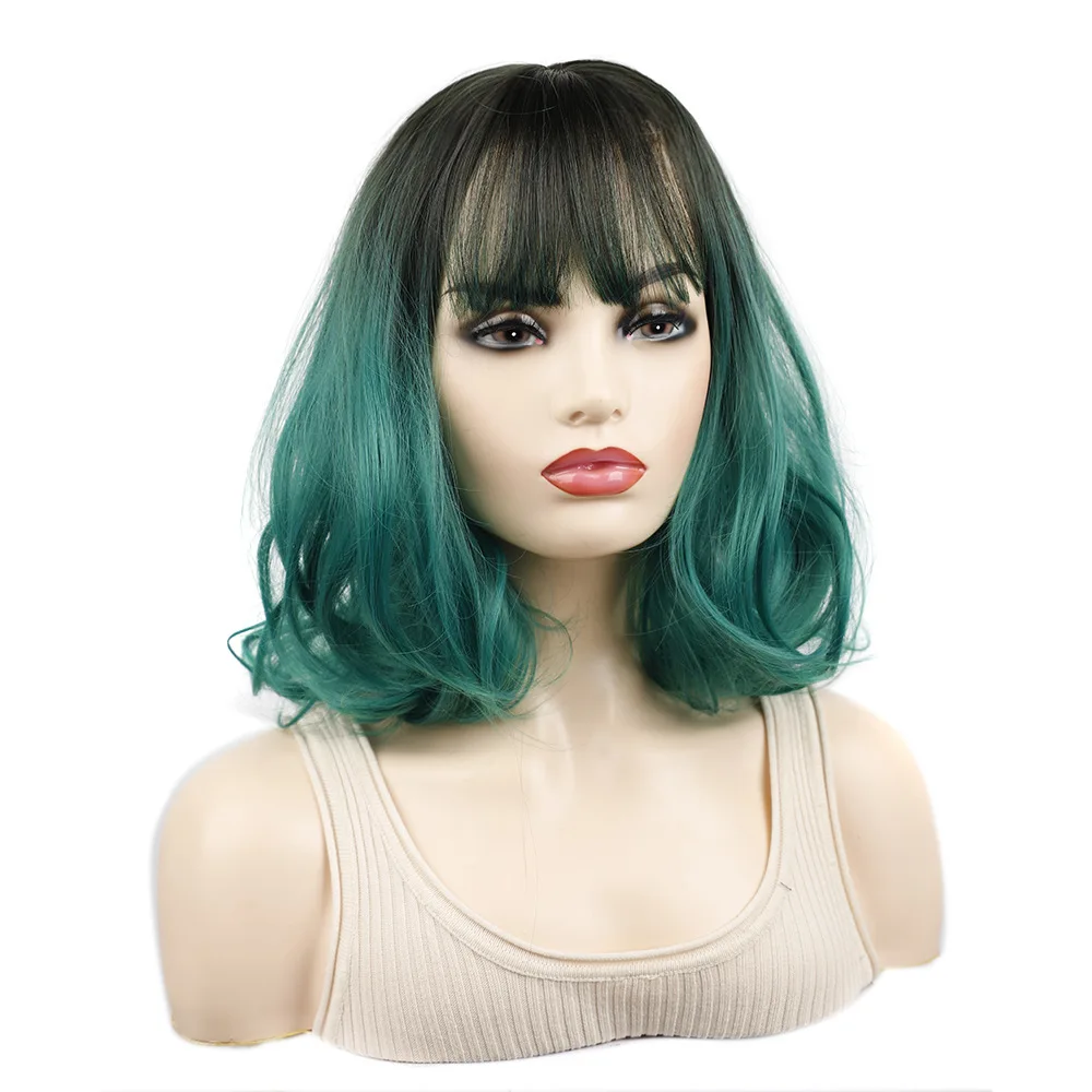 Jeedou K-pop Wigs For Girl Short Wavy Bob With Bangs Black Green Ombre Synthetic Wig Natural Looking Soft Daily Use