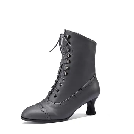 New Women Victorian Round Toe Ankle Boots Winter Lace Stitching Punk Lace Up Tapered High Heels Feminimo Shoes Size 36-42