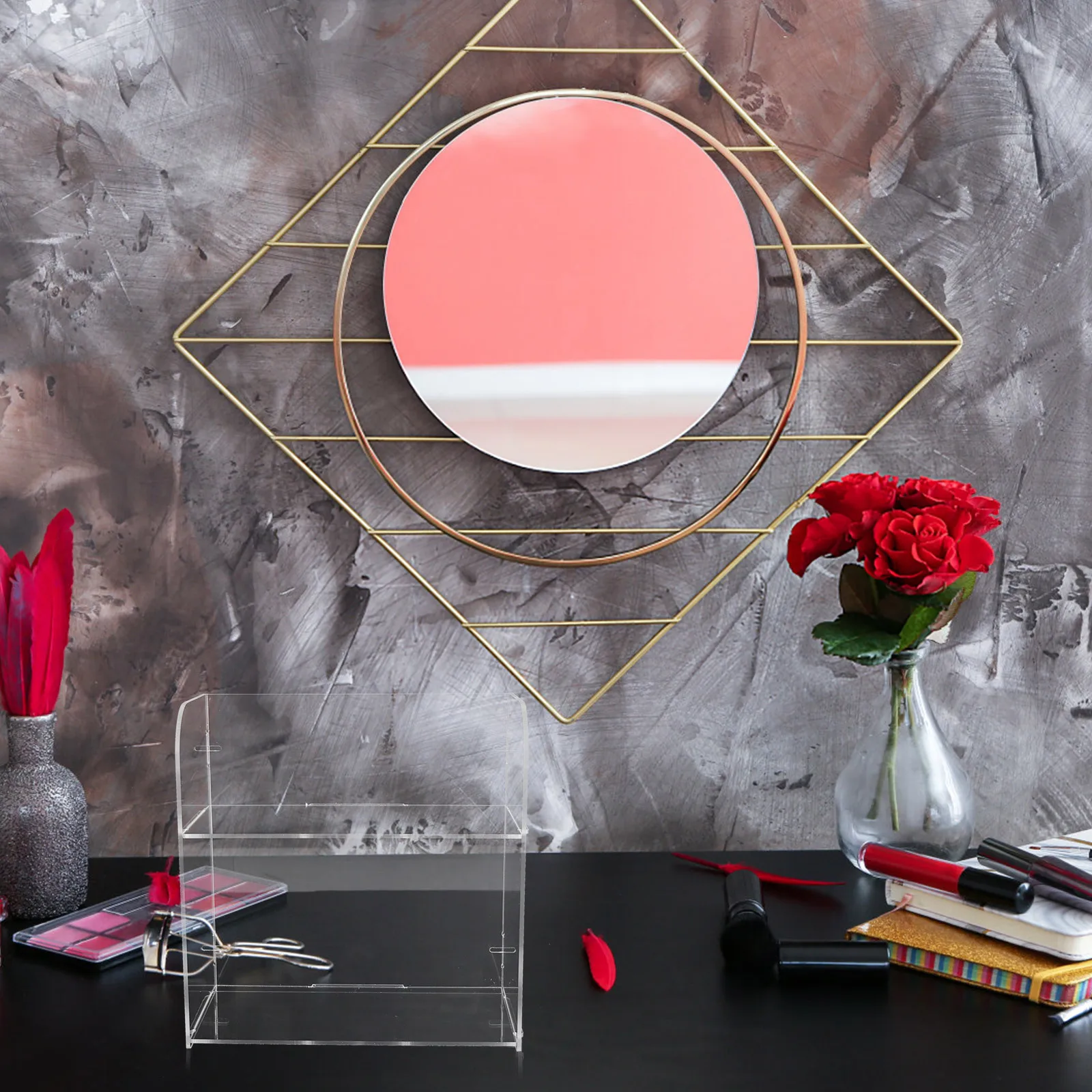 صندوق منظم مكياج من الأكريليك الشفاف مكون من طبقتين بتصميم بسيط للعناية بالبشرة ومنتجات التجميل لتخزين سطح المكتب على سطح المكتب