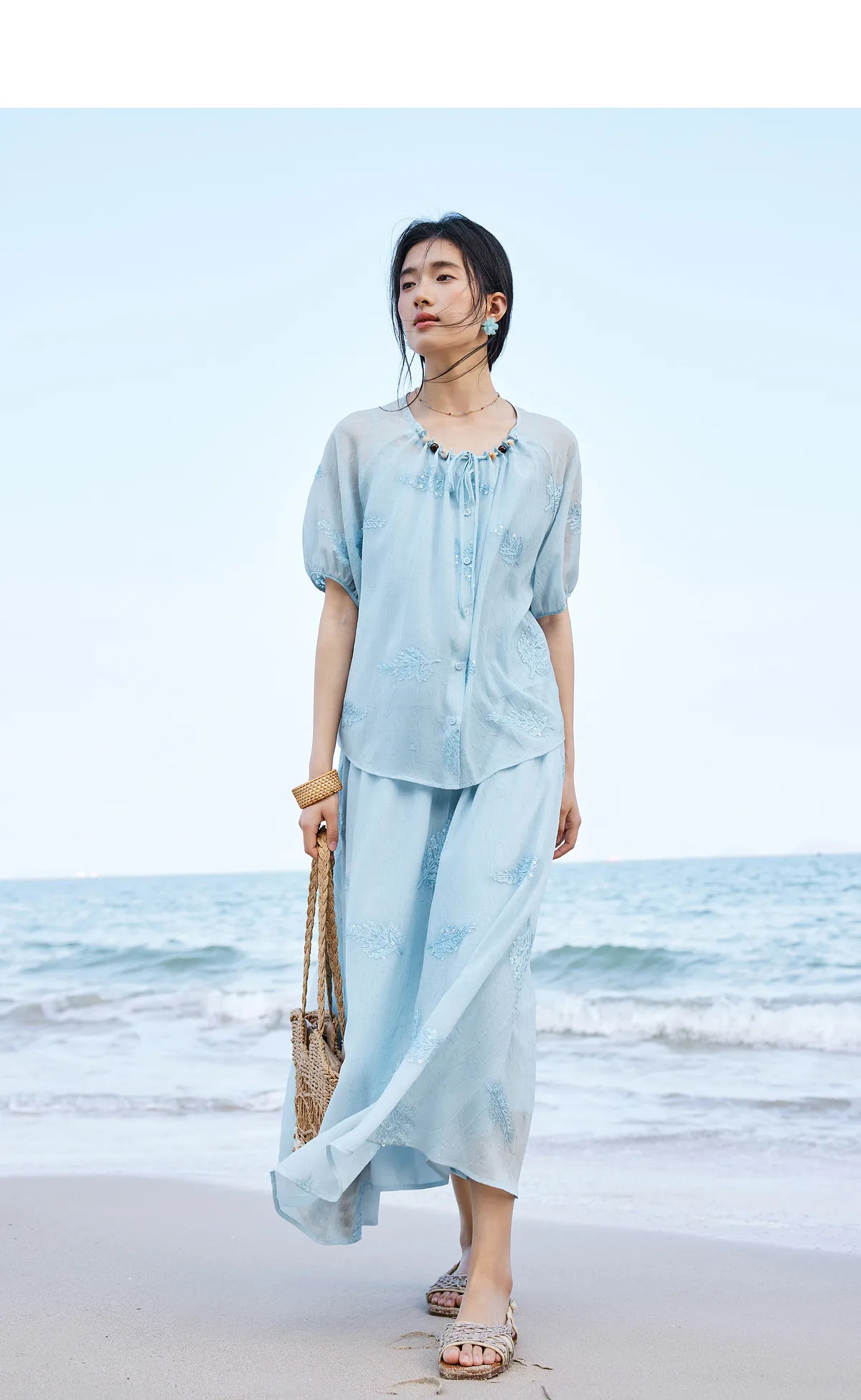 SENTUBILA Elegantes besticktes 3-teiliges Damen-Set, bestehend aus einem Oberteil mit Perlenbesatz und Rundhalsausschnitt, einem einfarbigen Camisole und einem A-Linien-Rock, lockeres Outfit 162ZK4843 – Detail 4