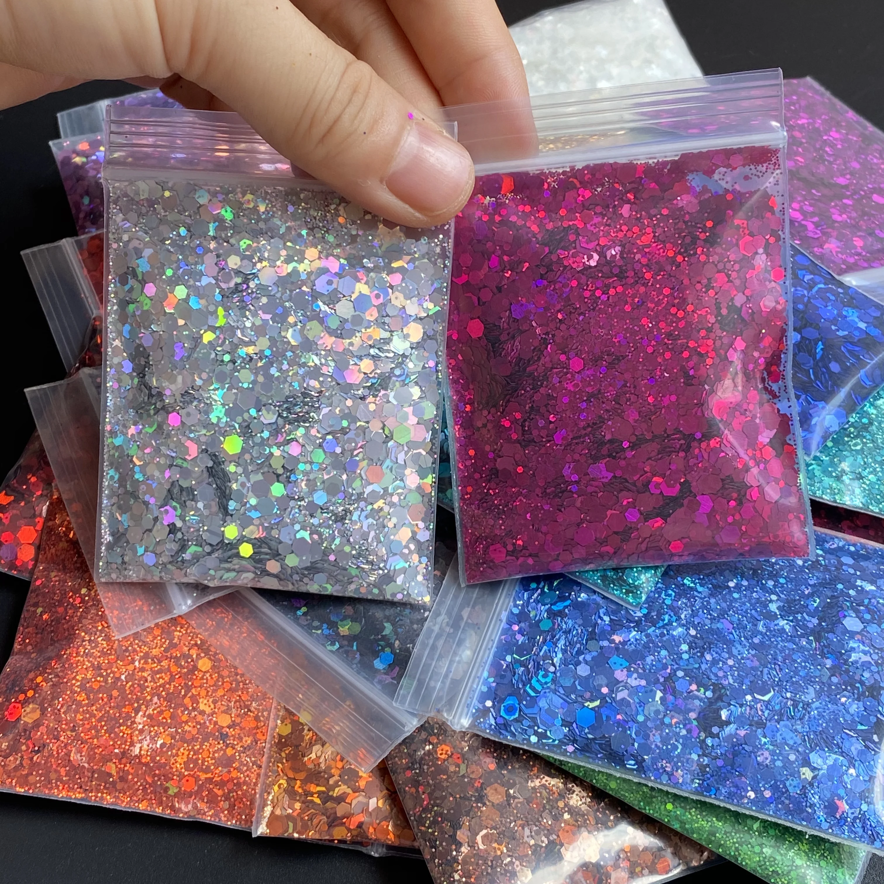 Conjunto de glitter holográfico para o prego, conjunto de 10 g/saco, holográfica, camaleão, hexágono, poliéster, tamanhos mistos