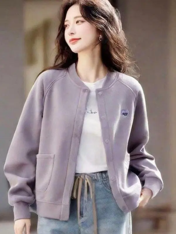 

Unique Sli Women's Hooded Sweatirt Cardigan Purple Spring New Arrival Casual Stand Fit V-Ne ort Sve Top