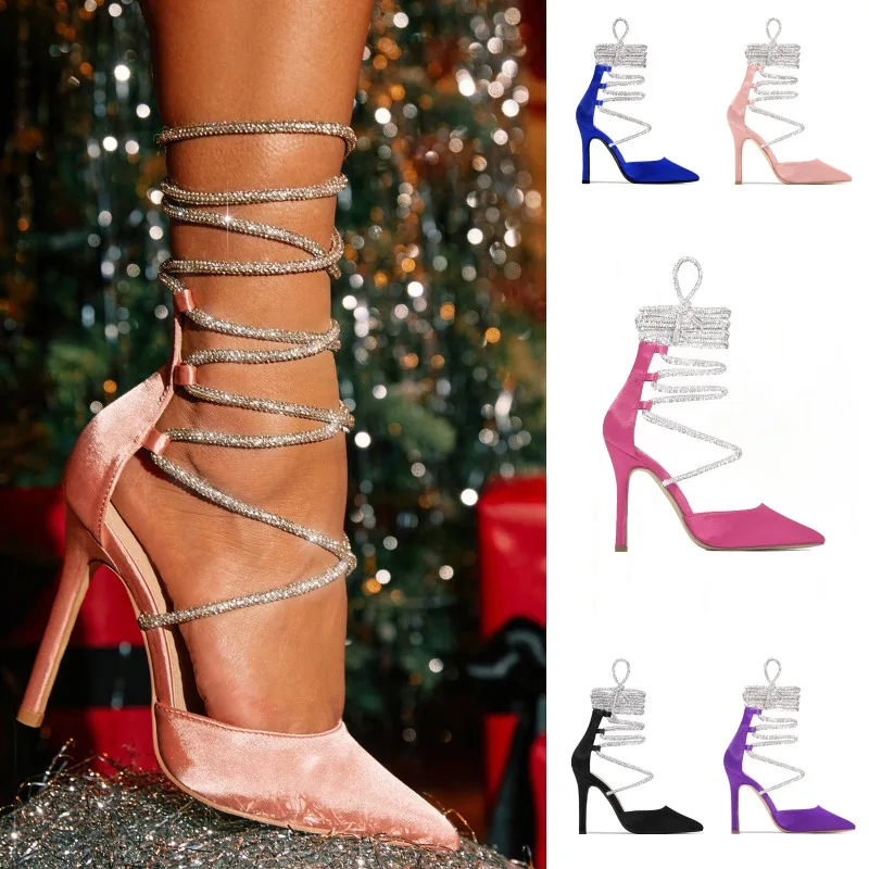 

Rhinestone Cross Strap Satins Sandals Nightclub Runway Model Wedding Banquet High Heels Size 35-42 Black Pink Summer Women Shoes