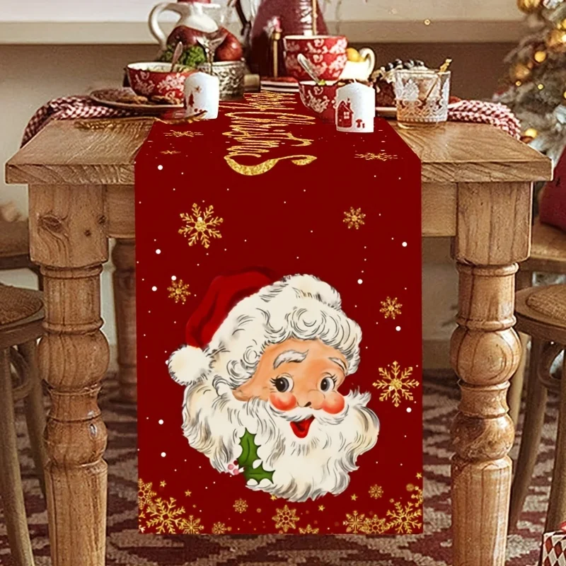 Vintage Christmas Table Runner, Santa Snowflake Print, Farmhouse Table Runner for Dining Table, Xmas Family Decor