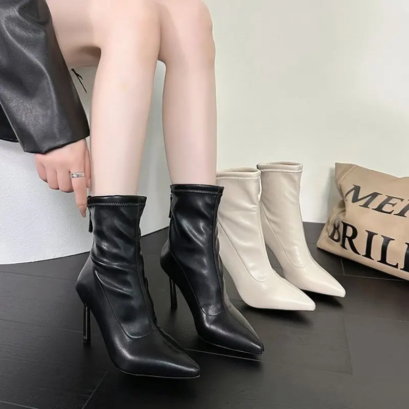 Sexy Shoe High Heel Women Black Sexy Point Toe Ankle Boots Autumn Dress Shoes Pointed Toe Bare Boots Black Booties Thin Heeled