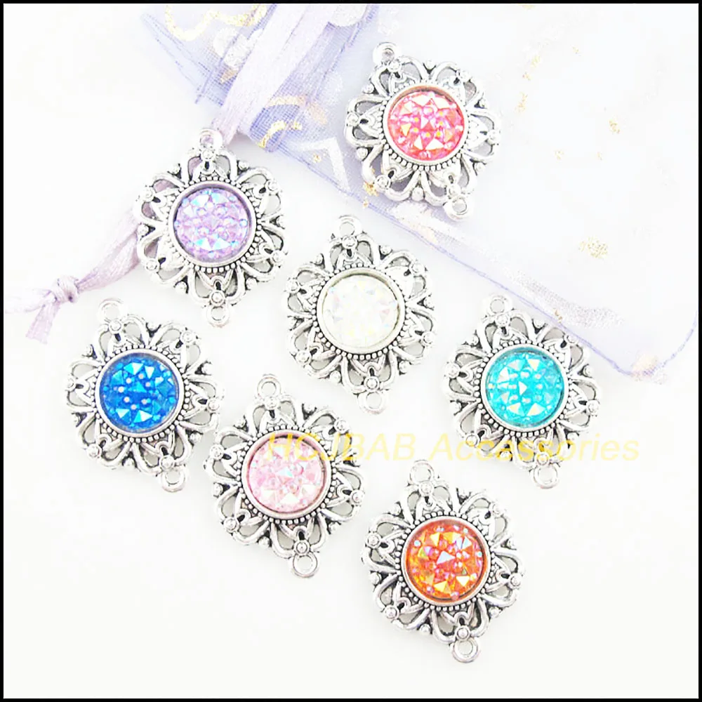 New 7Pcs Mixed Resin Charms Tibetan Silver Plated Retro Flower Animal Cross Heart Pendants Connectors DIY J188