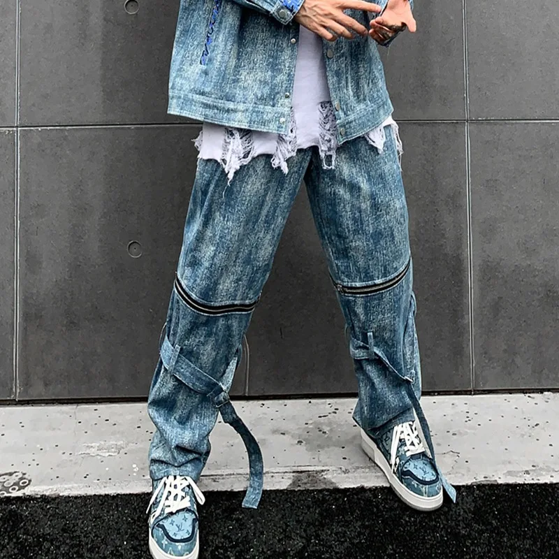 

Outdoor Leisure Sports Men Straight Wash Jeans Autumn And Winter Fashion Personality Men's Pants Hip Hop Zipper Design Trousers
