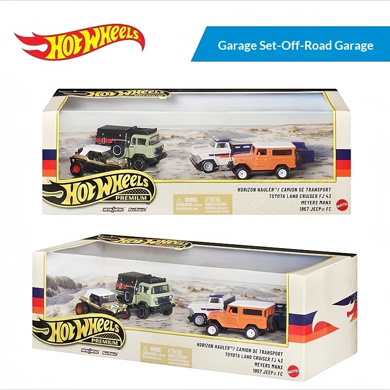 

Hot Wheels Premium Off Road Garage Set Alloy Diecast Car Models 1957 Jeep FC Toyota Land Cruiser FJ43 Meyers Manx Horizon Hauler