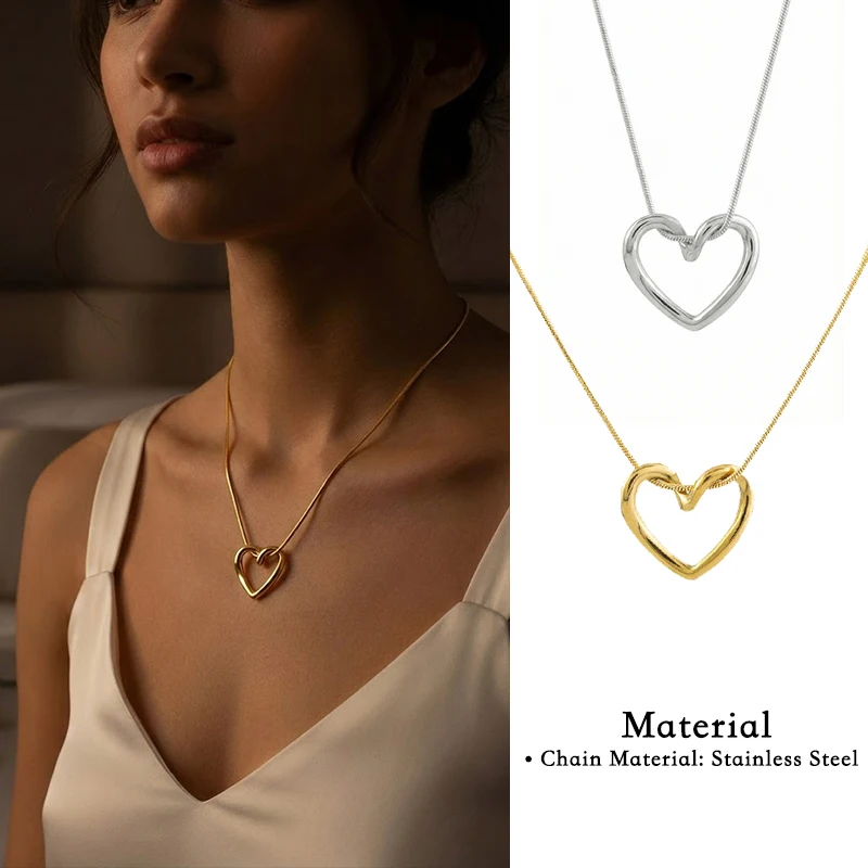 Stainless Steel Heart Necklace Women Hollow Pendant Ins Minimalist Jewelry Round Snake Chain Colorfast Daily Wear Comfortable