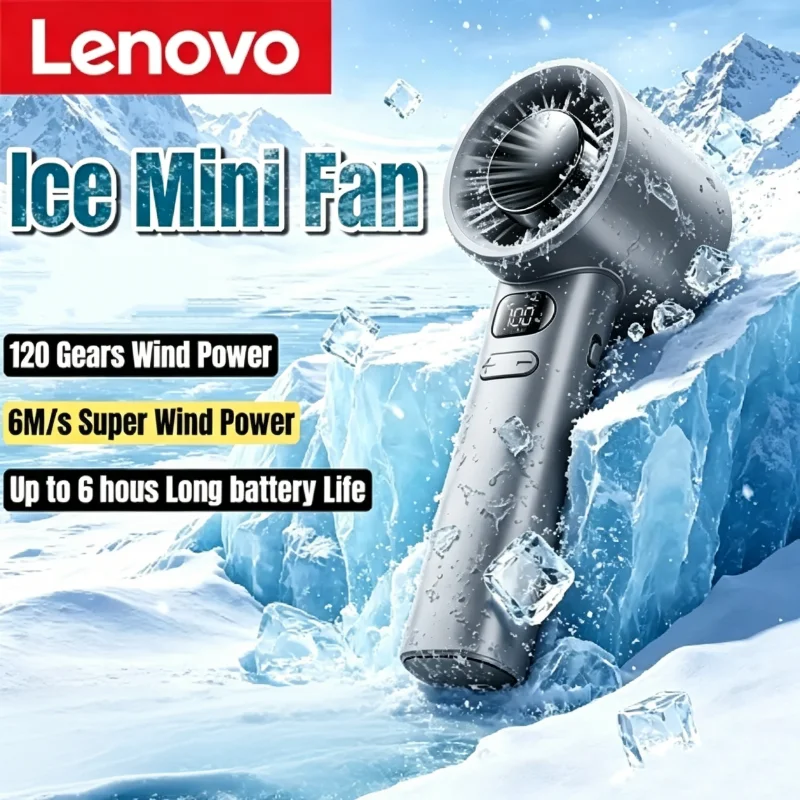 Ventilador Portátil Mini Elétrico Lenovo com Compressão de Gelo, Resfriamento de Alta Velocidade, Recarregável via USB e Display LED
