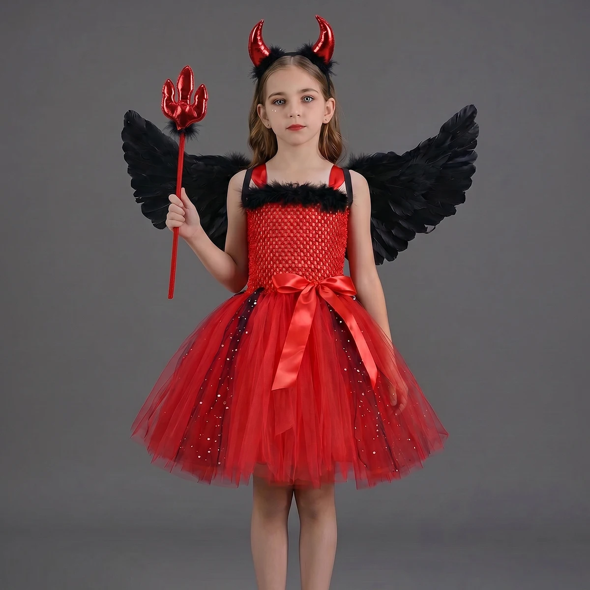 Halloween Red Devil Costumes for Girls Demon Angel Fancy Tutu Dress with Wings Horn Pitch Fork Kids Carnival Disguise Outfits