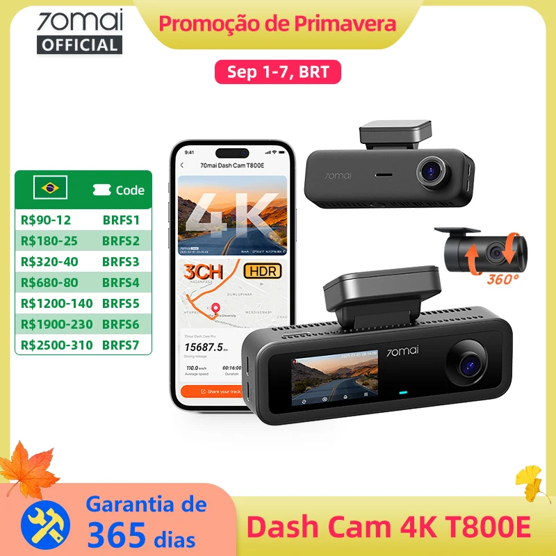 Câmera Veicular 3 em 1 70mai T800E com 3 Canais, 4K HDR f/1.55, GPS Integrado, Controle por Voz e Modo de Estacionamento 24H com Supercapacitor