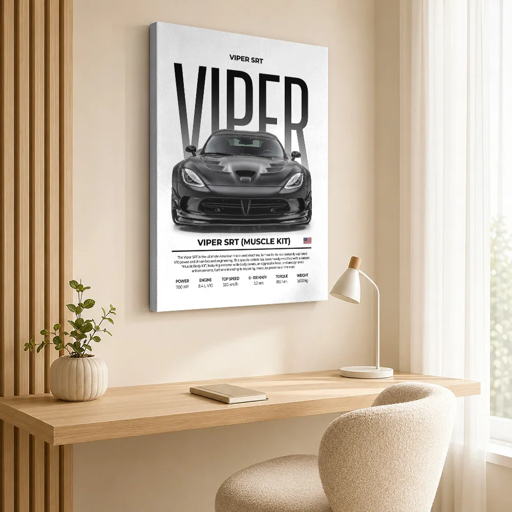 Black Sleek American Viper SRT Muscle Car Framed Canvas Print Poster Customized Photo Modern Wall Art Garage Decor Driver Gift
