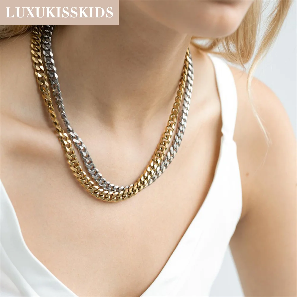 LUXUKISSKIDS 5/7mm Men's Long Link Chain Necklaces Woman Stainless Steel Gold Color Chunky Choker Figaro Cuban Original Collier