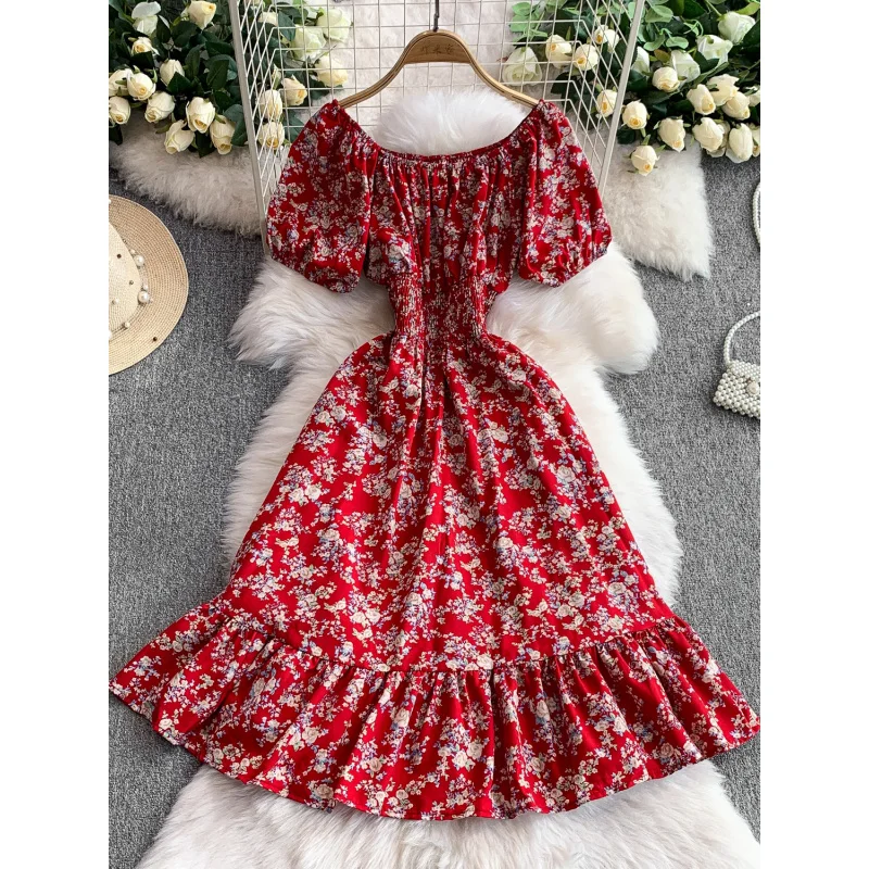 Boho Vintage Blumendruck sexy schulterfreies Midikleid Party Rüschen Frauen Sommer Vestido de Festa Strandurlaub A-Linie Kleid