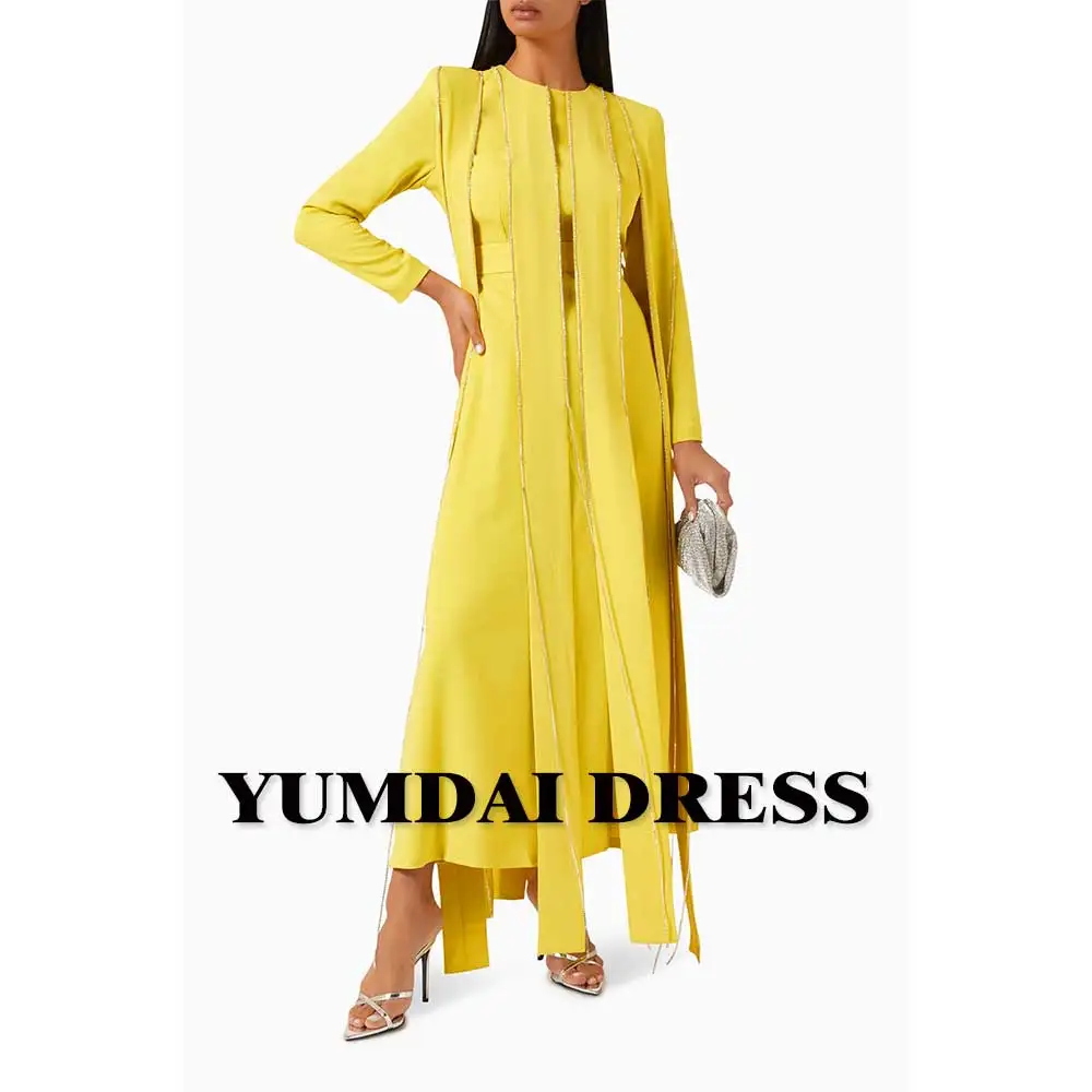 

YUMDAI O Neck Evening Gown Crystal Ankle A-Line Formal Occasion Yellow Dress New Style 2024 Dubai Wedding Guest Shawl Dress