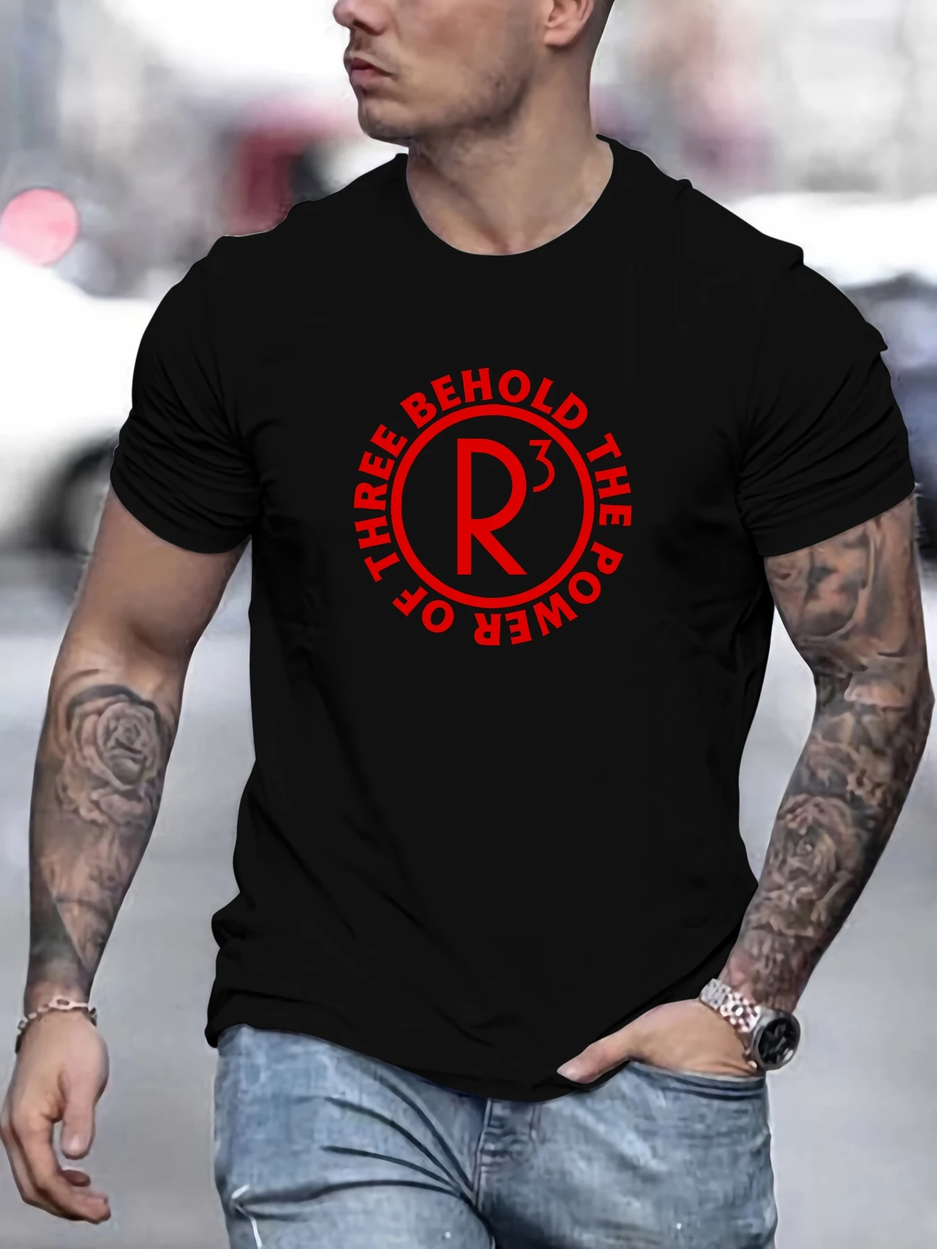 

MEN THREE BEHOLD THE POWER pattern summer casual crew neck short T-shirt