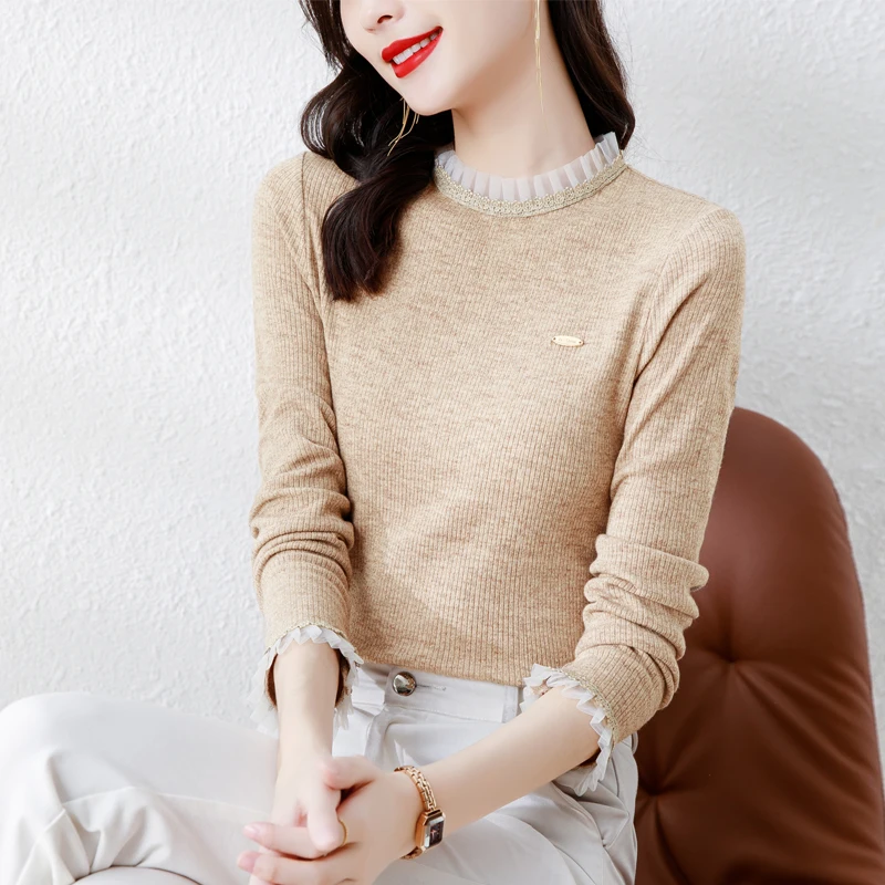 

Knitted Sweater Women Long Sleeve Slimbody Pullovers Women Beige Sweater Tops