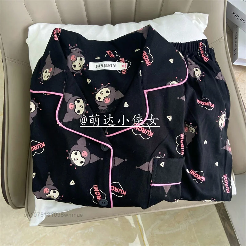 Sanrio Black Kuromi Hello Kitty Pink Pijamas Set Y2k Women\'s Casual Loose Summer 2 Pcs Pyjamas Suit Home Clothing