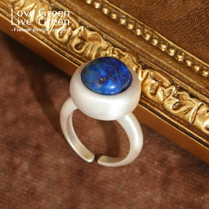 

Vintage Blue Rings For Women Lapis Lazuli Round Silver Color Adjustable Natural Stone Accessories Luxury Jewelry 2025 Gift New
