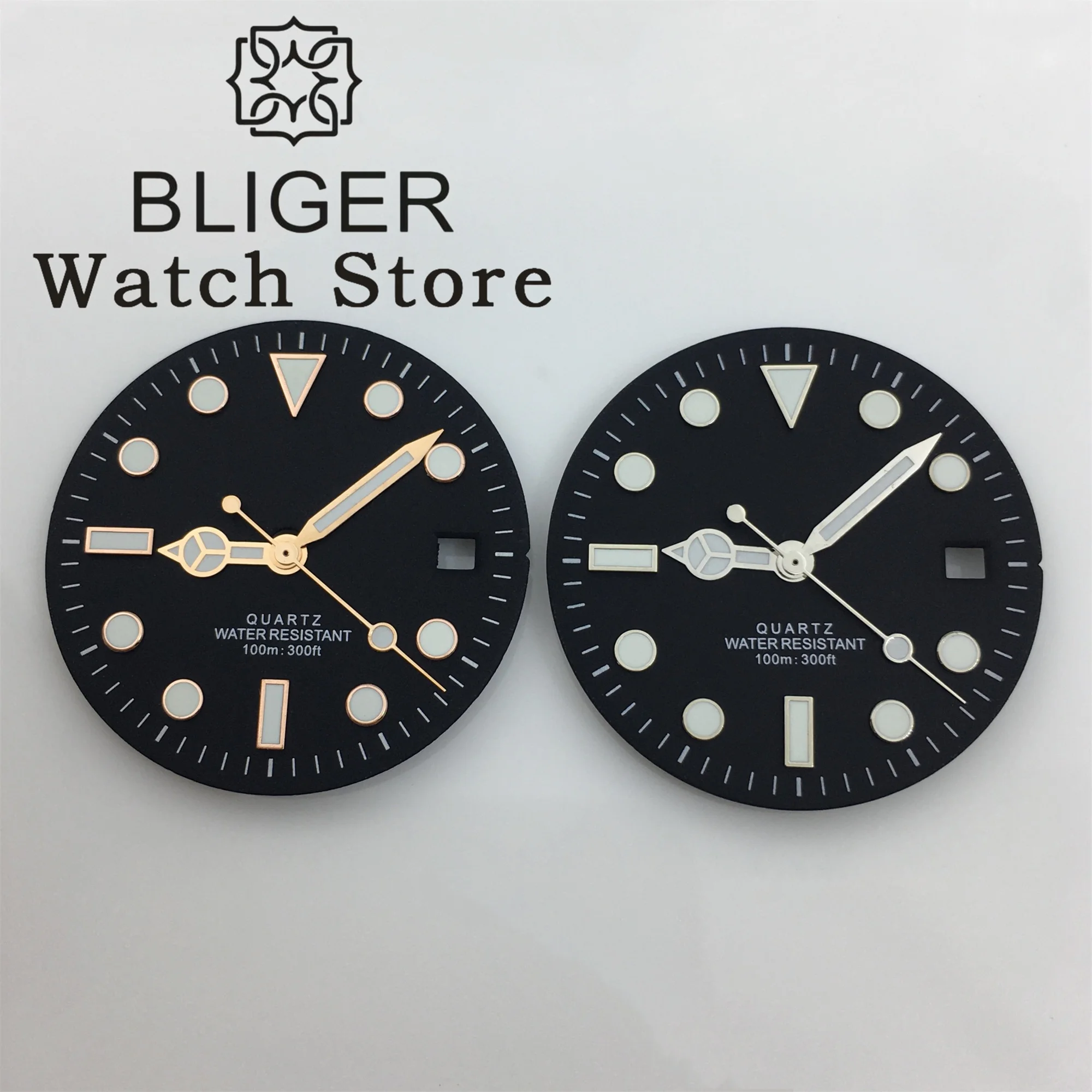 BLIGER 29mm RONDA 515 Quartz Watch Dial Black White Dial With Hands Green Luminous Fit RONDA 515-24H GMT Quartz Movement