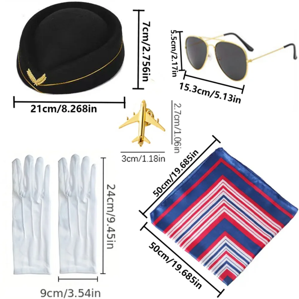 Conjunto de acessórios para fantasia de comissário de bordo, chapéu, óculos de sol, cachecol, luvas, pino para mulheres, roupas de aeromoça